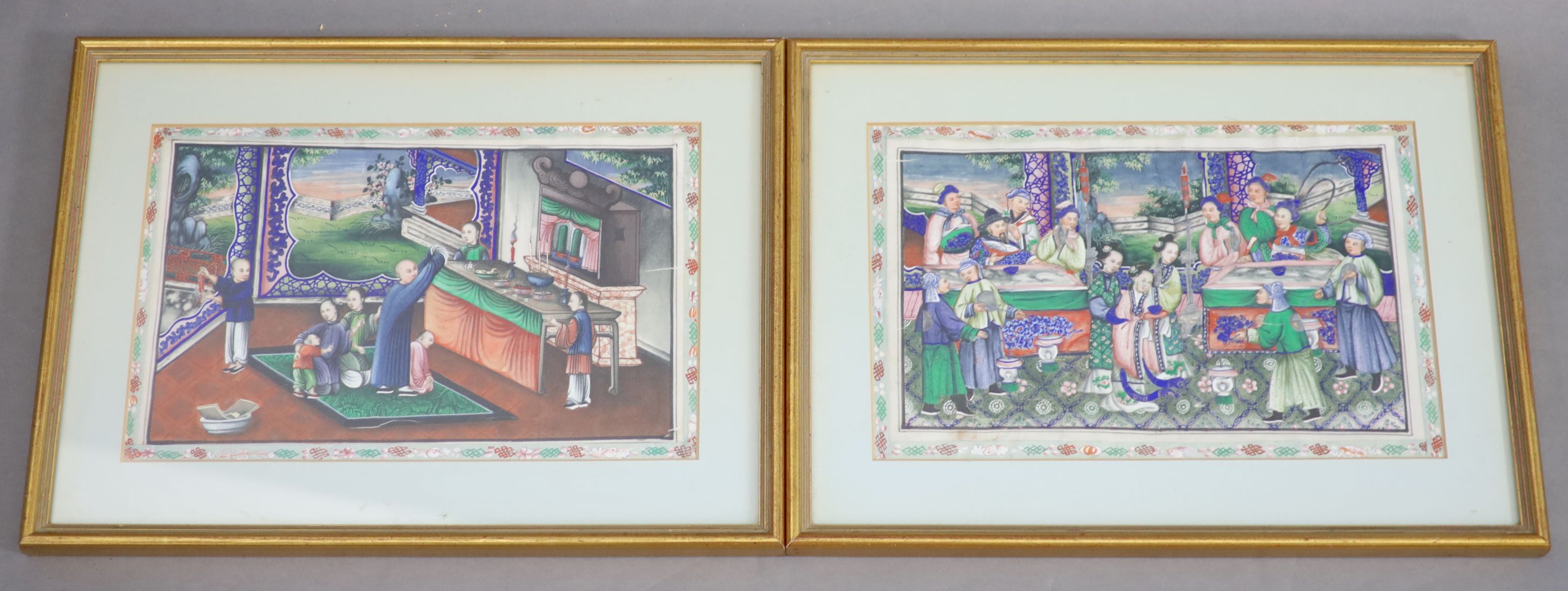 A pair of Chinese pith paintings of figures in interiors, 19th century, 22 x 34.5 cm including ribbon borders